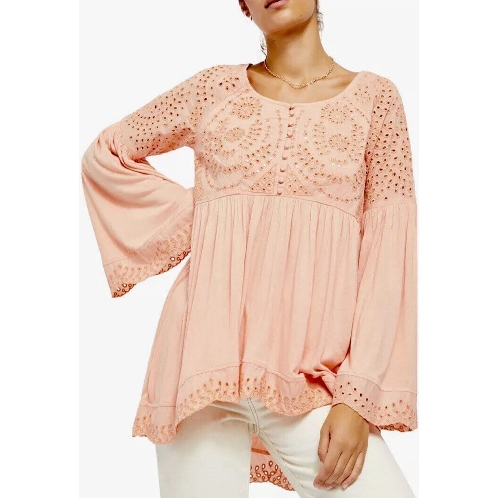 Free People Sea Of Love Top Eyelet Embroidered Fell Sleeve High Low Medium